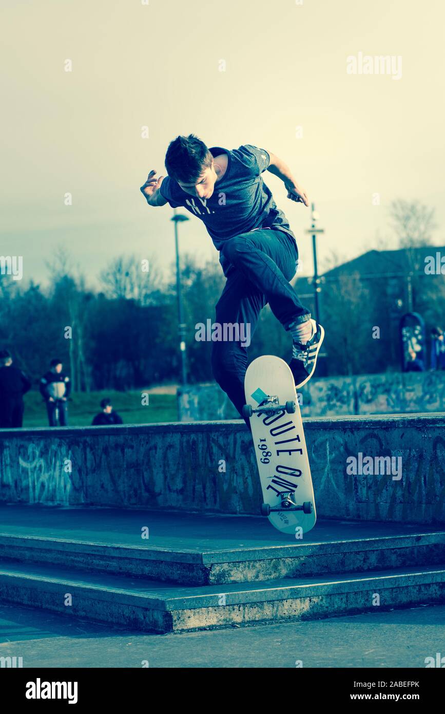 Young guys practice ollie's and tricks at the concrete skate park in Stoke  on Trent called Stoke plaza, professional skaters skateboarding Stock Photo  - Alamy