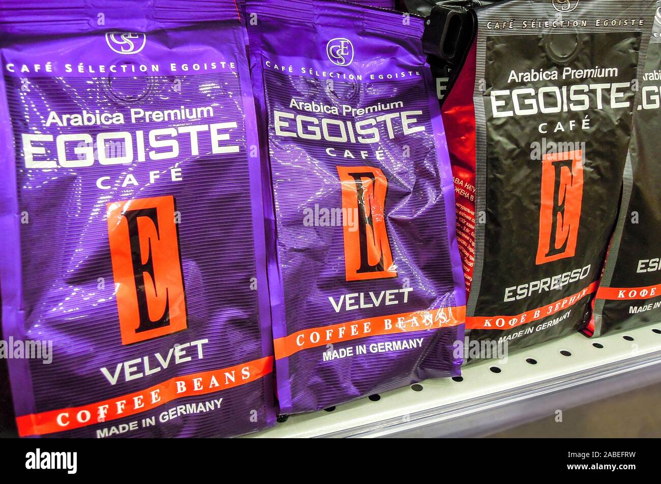 Samara, Russia - September 26, 2019: Egoiste coffee ready for sale on the shelf in supermarket Stock Photo