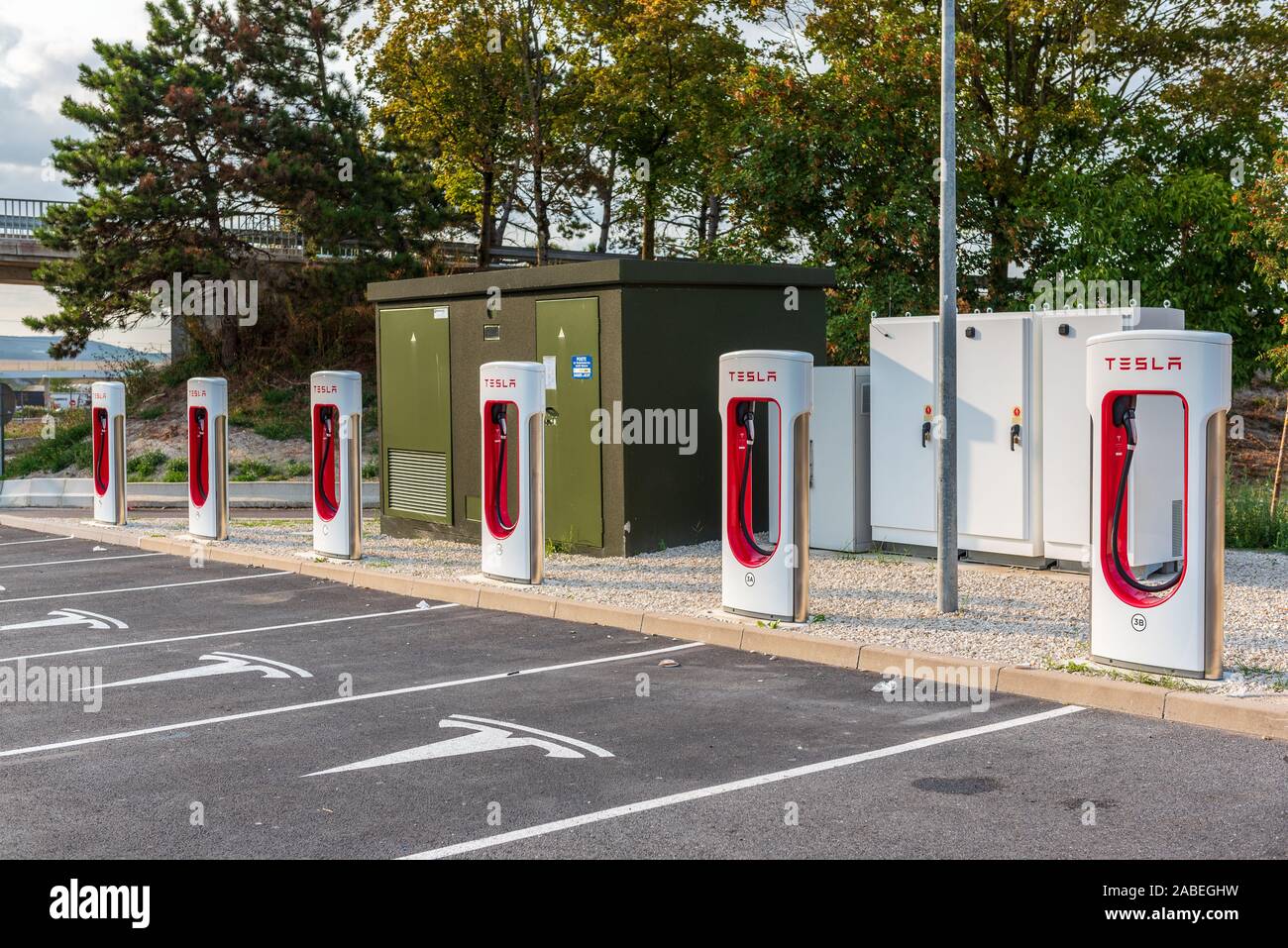 Reims, France - August 27, 2018: Tesla Super Charging station onhighway ...
