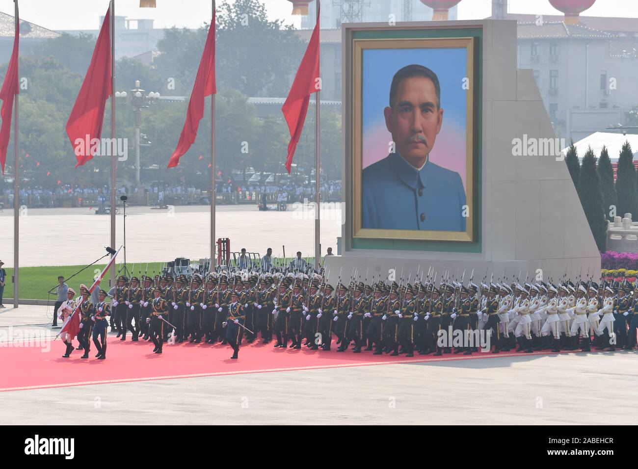 A national flag raising ceremony is conducted by a group of soldiers at ...