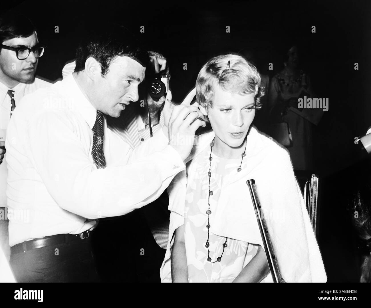 ROSEMARY'S BABY, from left Vidal Sassoon, Mia Farrow on set, 1968