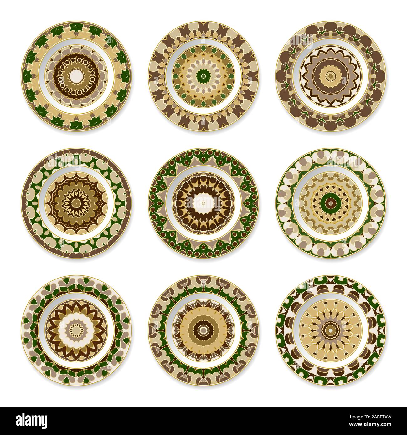 Set of nine green decorative plates with a circular pattern, top view. White background. Vector illustration. Stock Vector