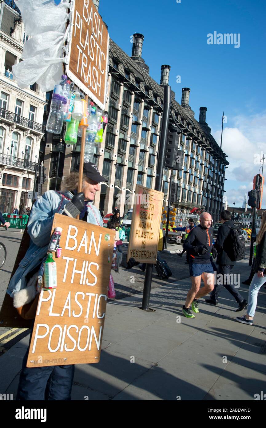 London November 2019. Westminster. Protest against plastic. Stock Photo