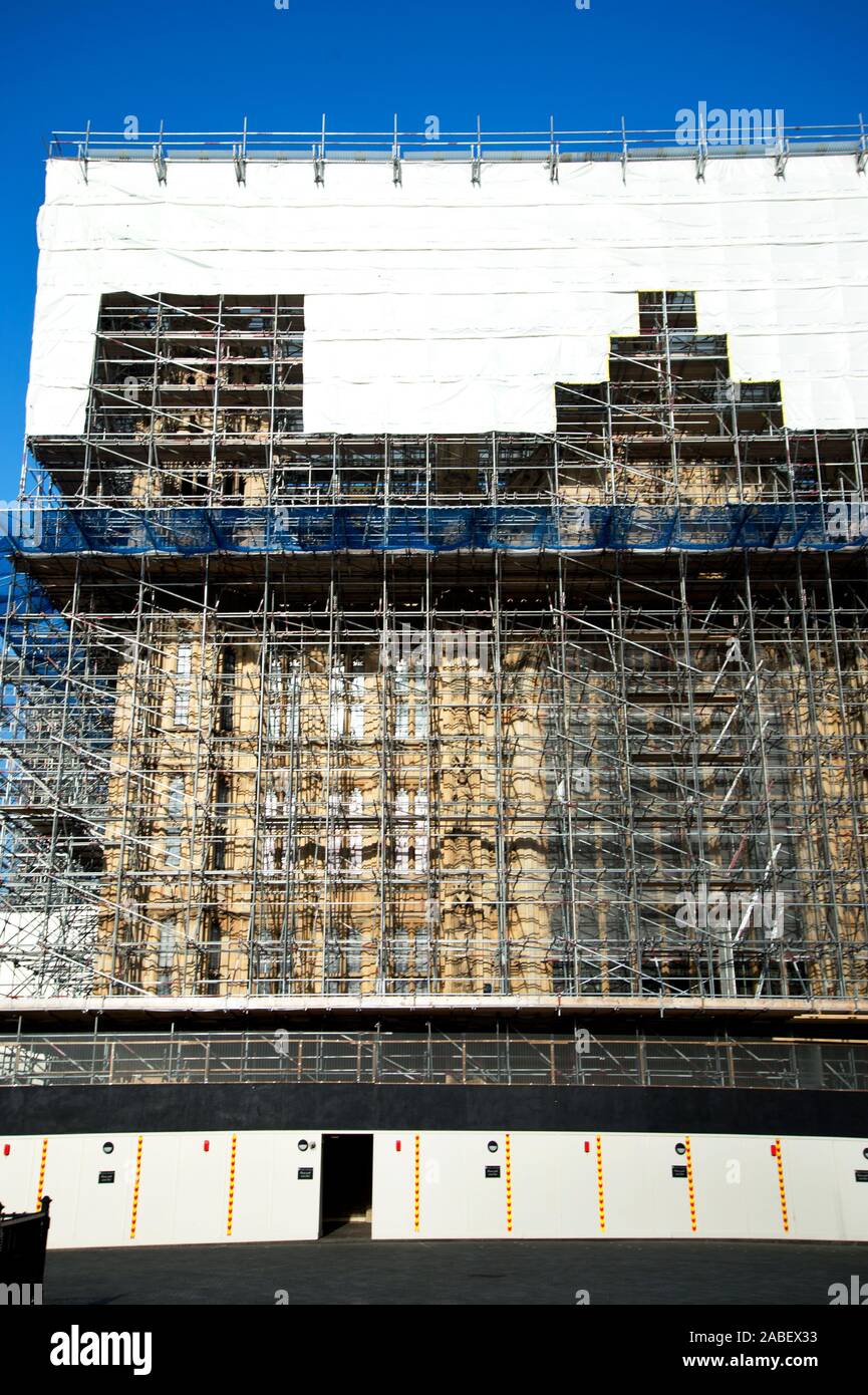 London November 2019. Westminster. Scaffolding erected on the House of Commons to enable cleaning and restoration Stock Photo