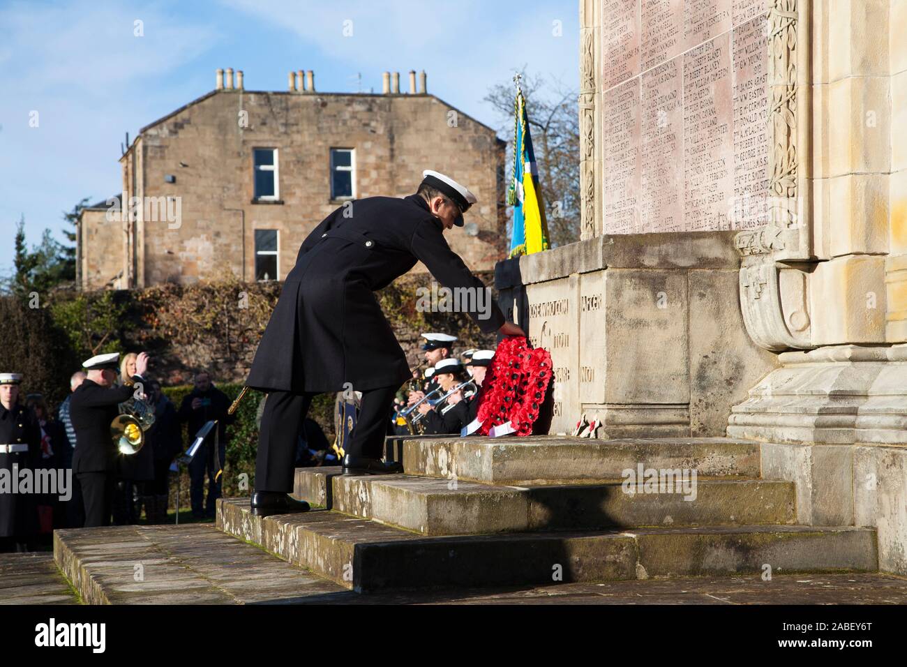 Naval officer from HM Clyde,  laying at poppy wreath, Remembrance Sunday 2019, Helensburgh, Scotland Stock Photo