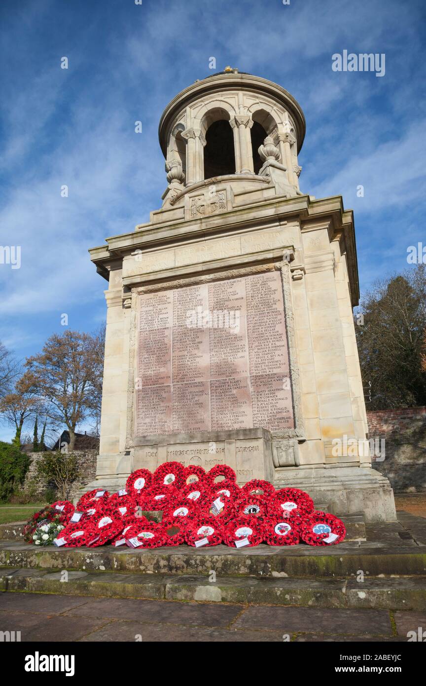 Poppy wreaths at the Helensburgh War Memorial, Scotland, Remembrance Service, 2019 Stock Photo