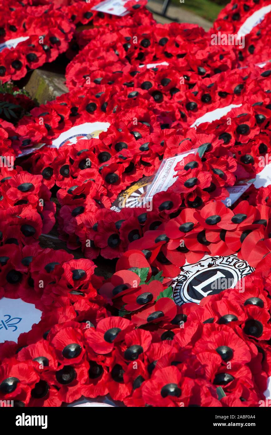 Poppy wreaths at the Helensburgh War Memorial, Scotland, Remembrance Service, 2019 Stock Photo