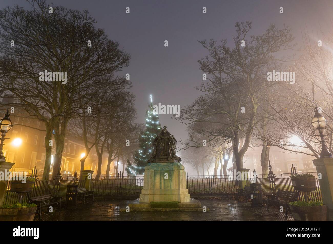 Queen Victoria statue on a foggy morning atTynemouth, England. UK Stock