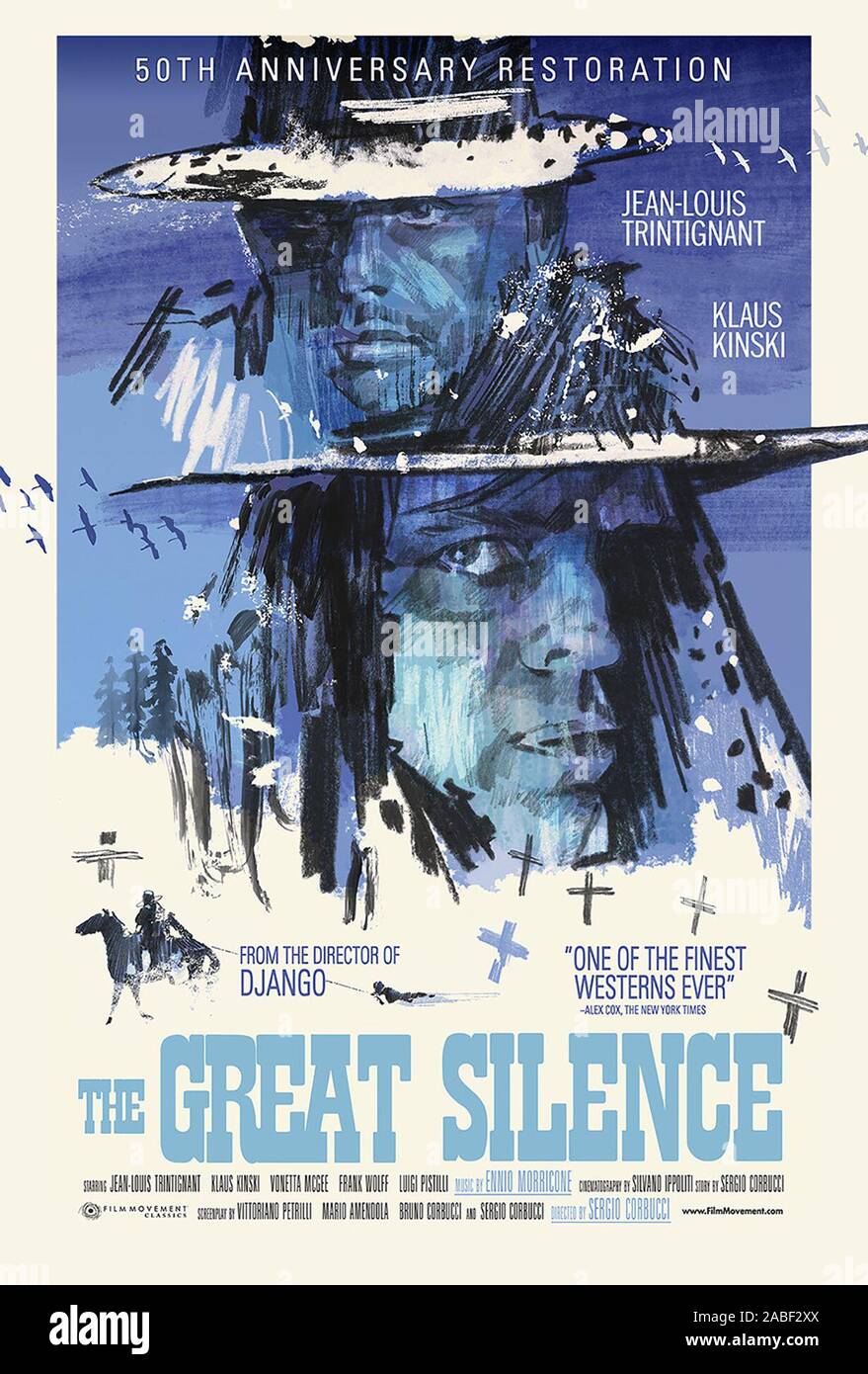 THE GREAT SILENCE, (aka IL GRANDE SILENZIO, aka LE GRAND SILENCE, aka THE  BIG SILENCE), US poster for 2018 re-release in restored print, from top:  Jean-Louis Trintignant, Klaus Kinski, 1968. TM &