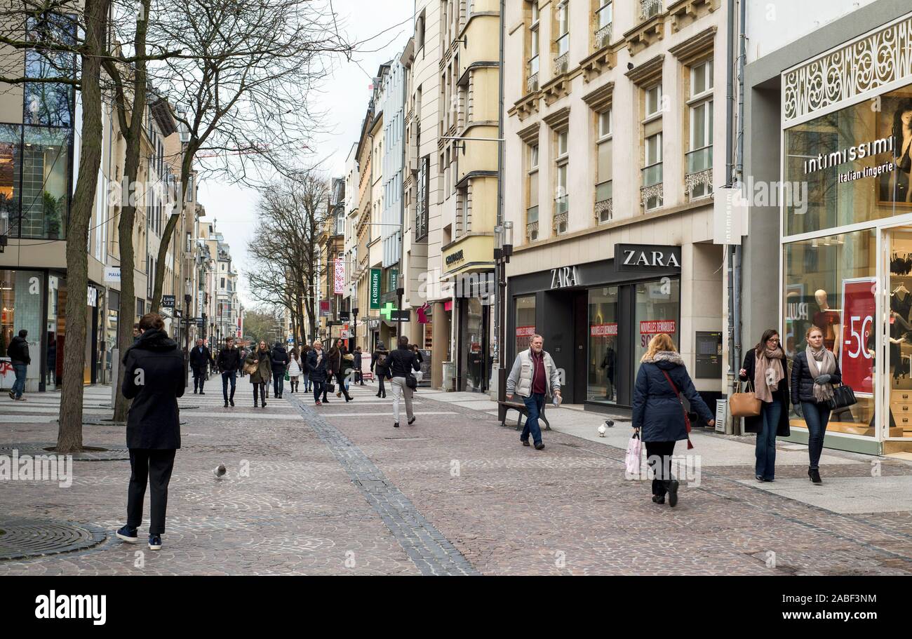 LUXEMBOURG CITY, LUXEMBOURG - JANUARY 19, 2018: The Grand Rue street, one of the main and busiest streets in the city center of Luxembourg City, is an Stock Photo