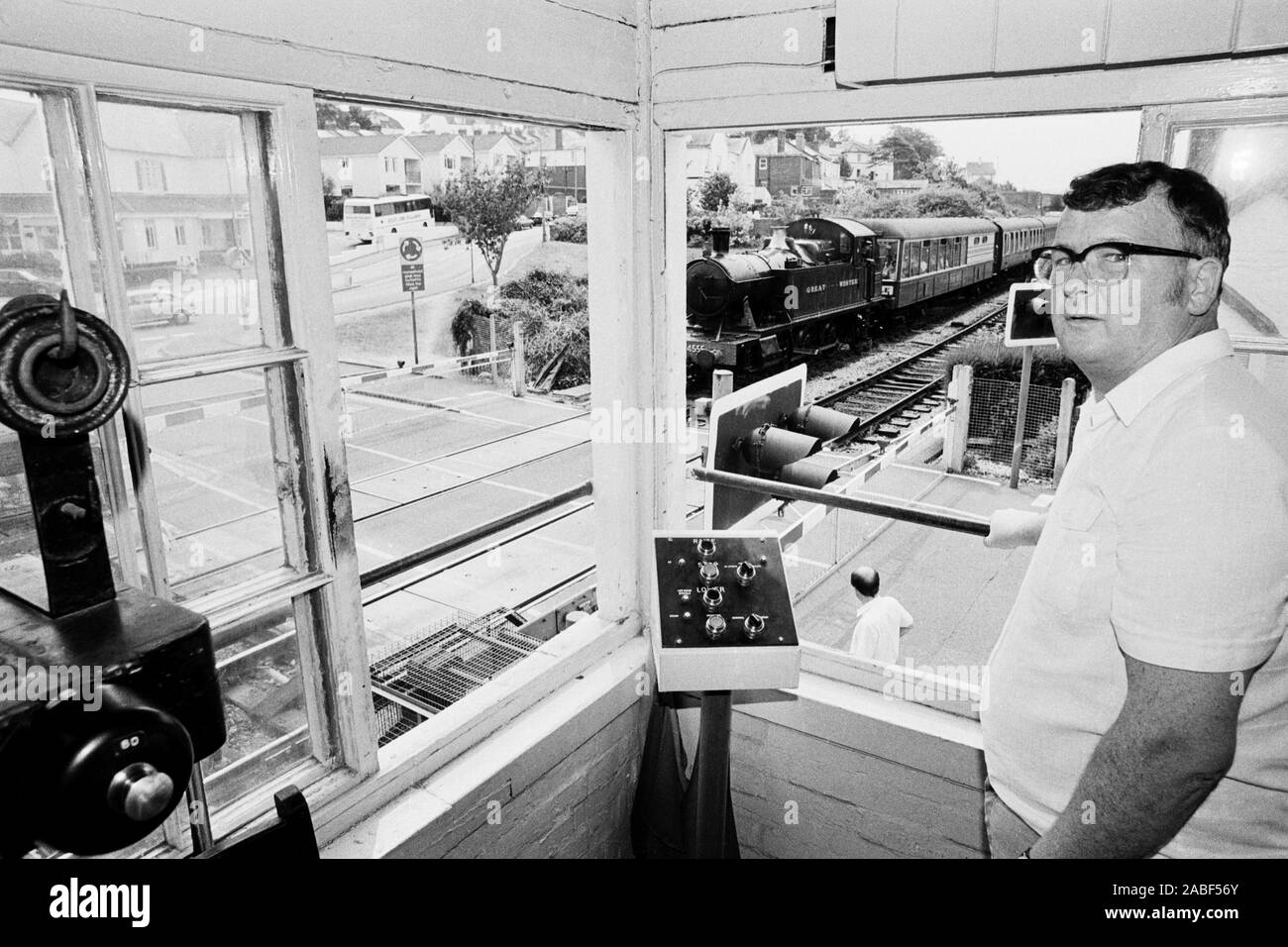 Signalman Fred Rooke, 46, in the signalbox at Paignton, Devon, allowing a steam train through on the Dart Valley Light Railway. The railway's steam trains were the only train running over British Rail track today during another national rail strike. *Mr Rooke is giving his day's pay to Cancer Research. Stock Photo