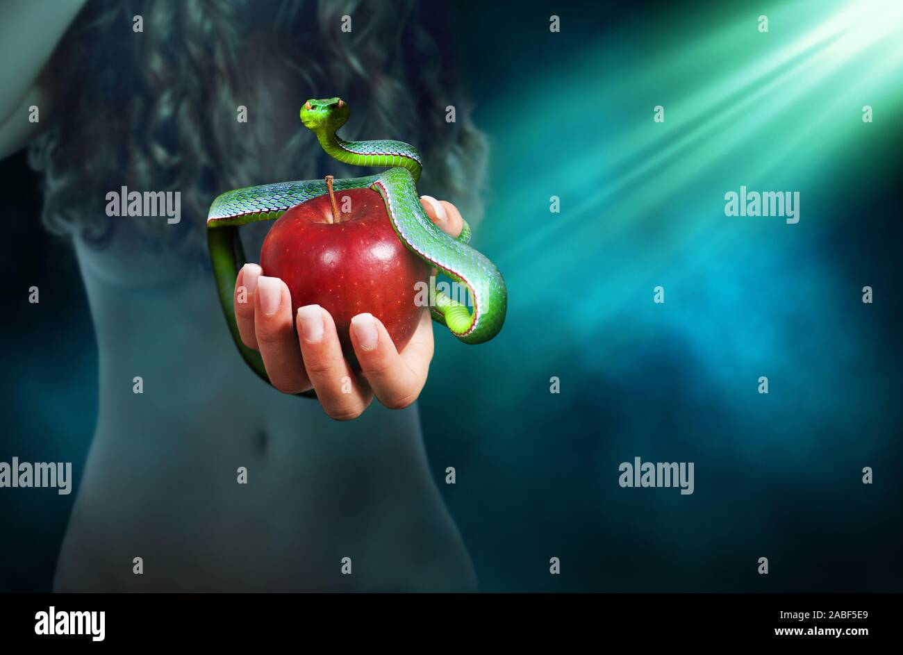 Apple fruit in a hand of a woman with a snake on top of it. Forbidden fruit concept. Stock Photo