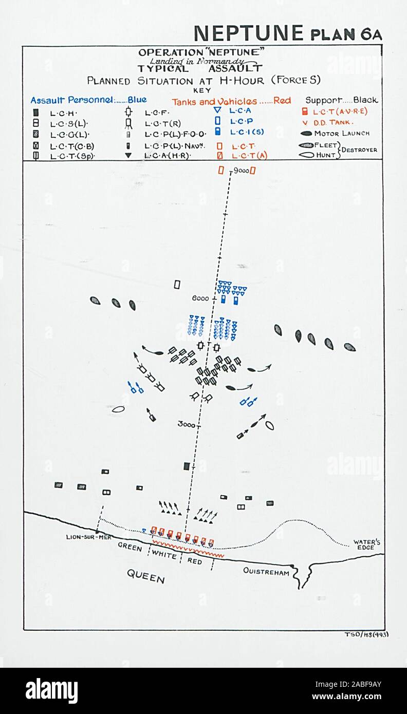 Normandy Landings. D-Day 1944. Assault plan H-Hour Force S. Ouistreham 1994 map Stock Photo