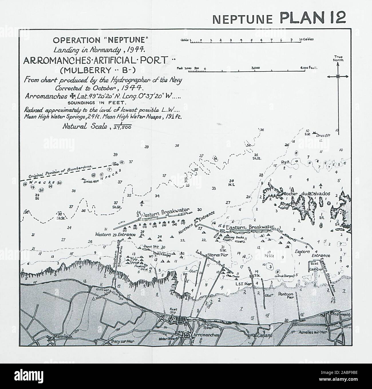 Normandy Landings. D-Day 1944. Arromanches Mulberry Harbour B. Neptune 1994 map Stock Photo