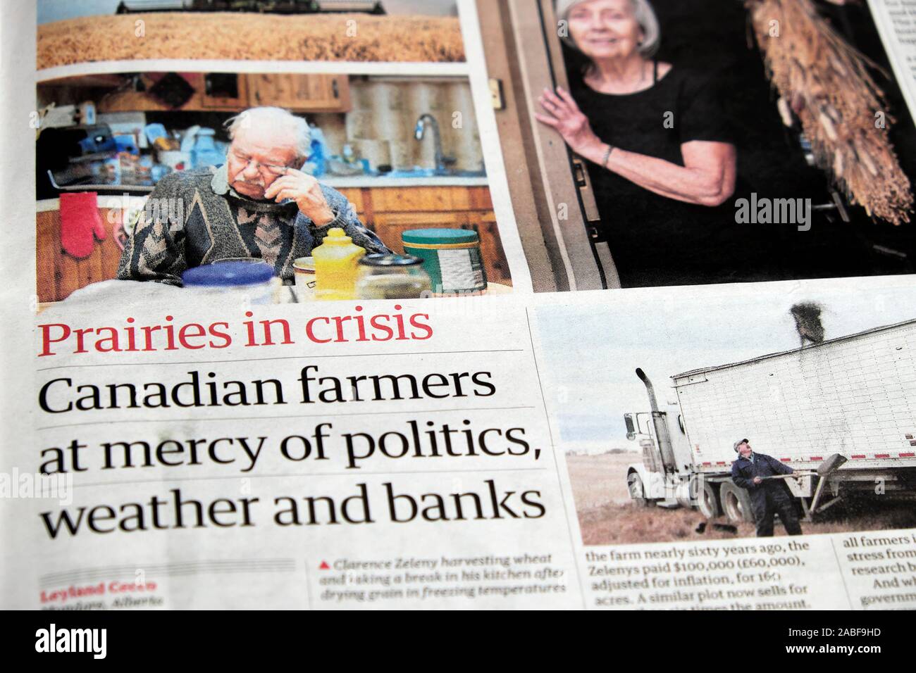 'Canadian farmers at mercy of politics weather and banks' Praries in crisis inside newspaper article in the Guardian  18 November 2019 London UK Stock Photo