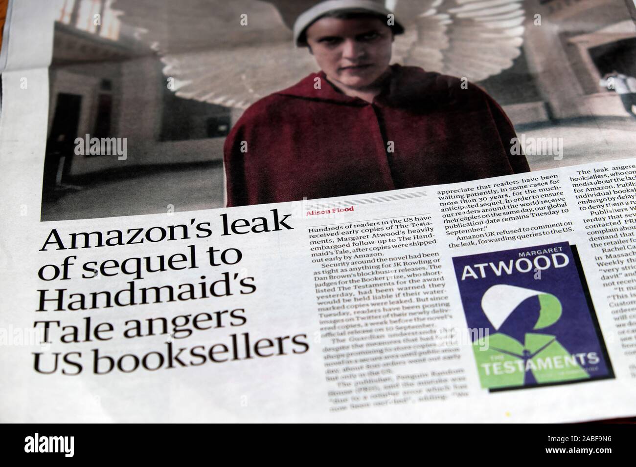 'Amazon's leak of sequel to Handmaid's Tale angers US booksellers' Margaret Atwood Guardian newspaper headline in September 2019 Stock Photo