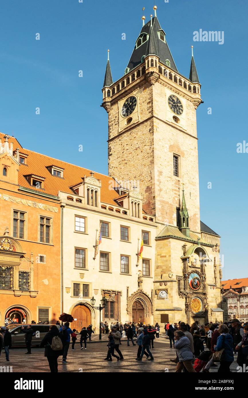 A view of the clock tower in the main old town square that features the astronomical clock Stock Photo