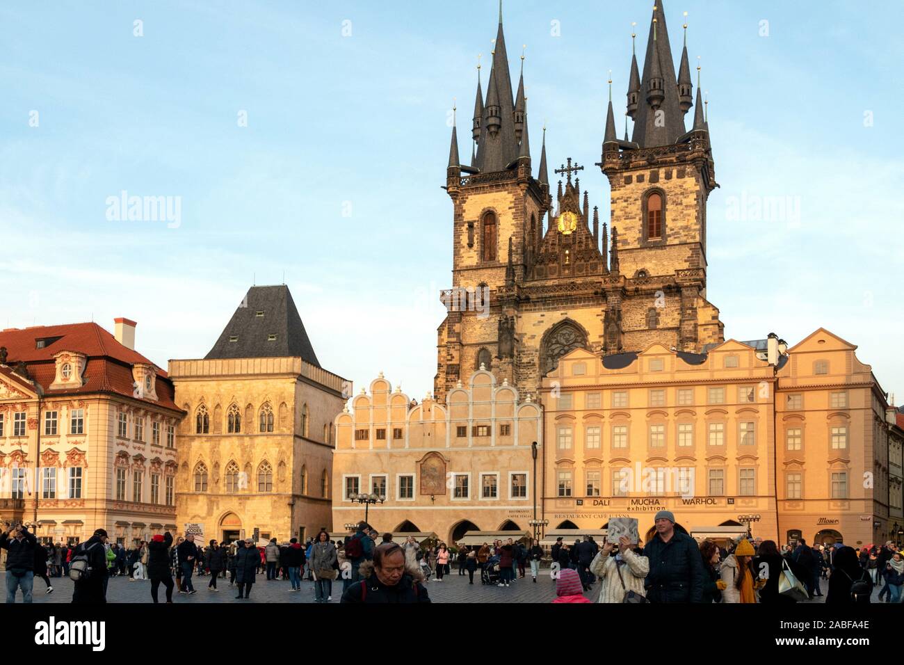 The twin towers of the Church of  our Lady in the old town square in Prague, Czech republic Stock Photo