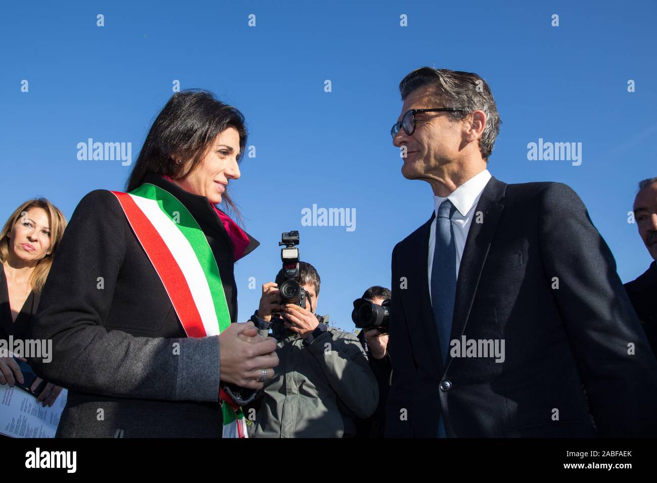 Mayor of Rome Virginia Raggi and President and CEO of FENDI Serge  Brunschwig Reopening ceremony of the Acqua Paola fountain (commonly known  as "il Fontanone") (Photo by Matteo Nardone/Pacific Press Stock Photo -