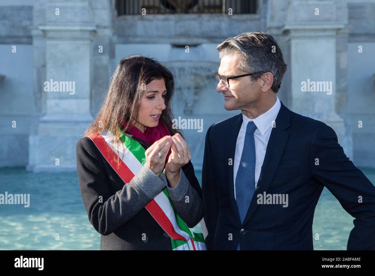 Mayor of Rome Virginia Raggi and President and CEO of FENDI Serge Brunschwig Reopening ceremony of the Acqua Paola (commonly known as "il Fontanone") (Photo by Matteo Nardone/Pacific Press Stock Photo -