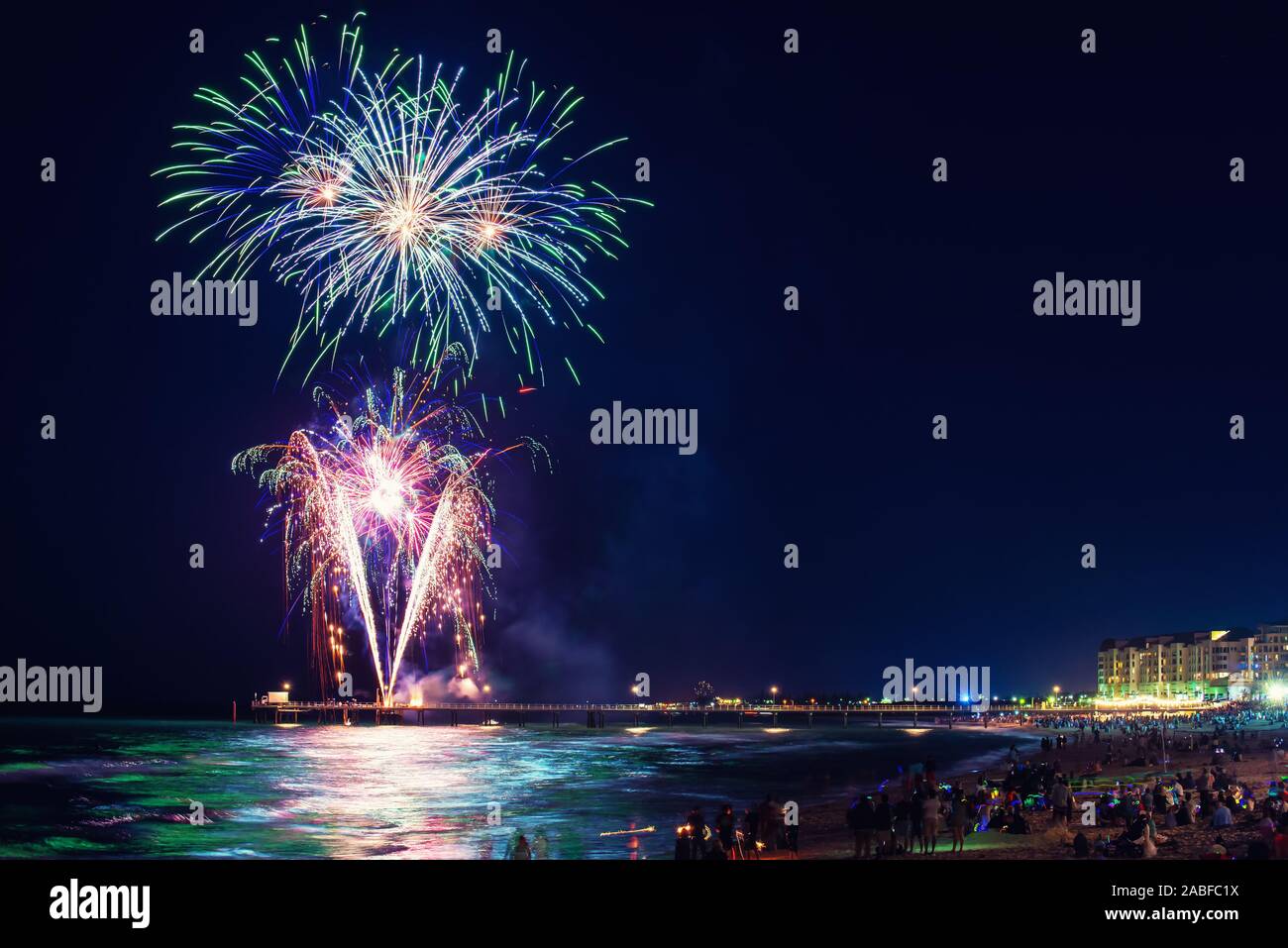 New Year fireworks display fro kids from the jetty in Glenelg, South Australia Stock Photo