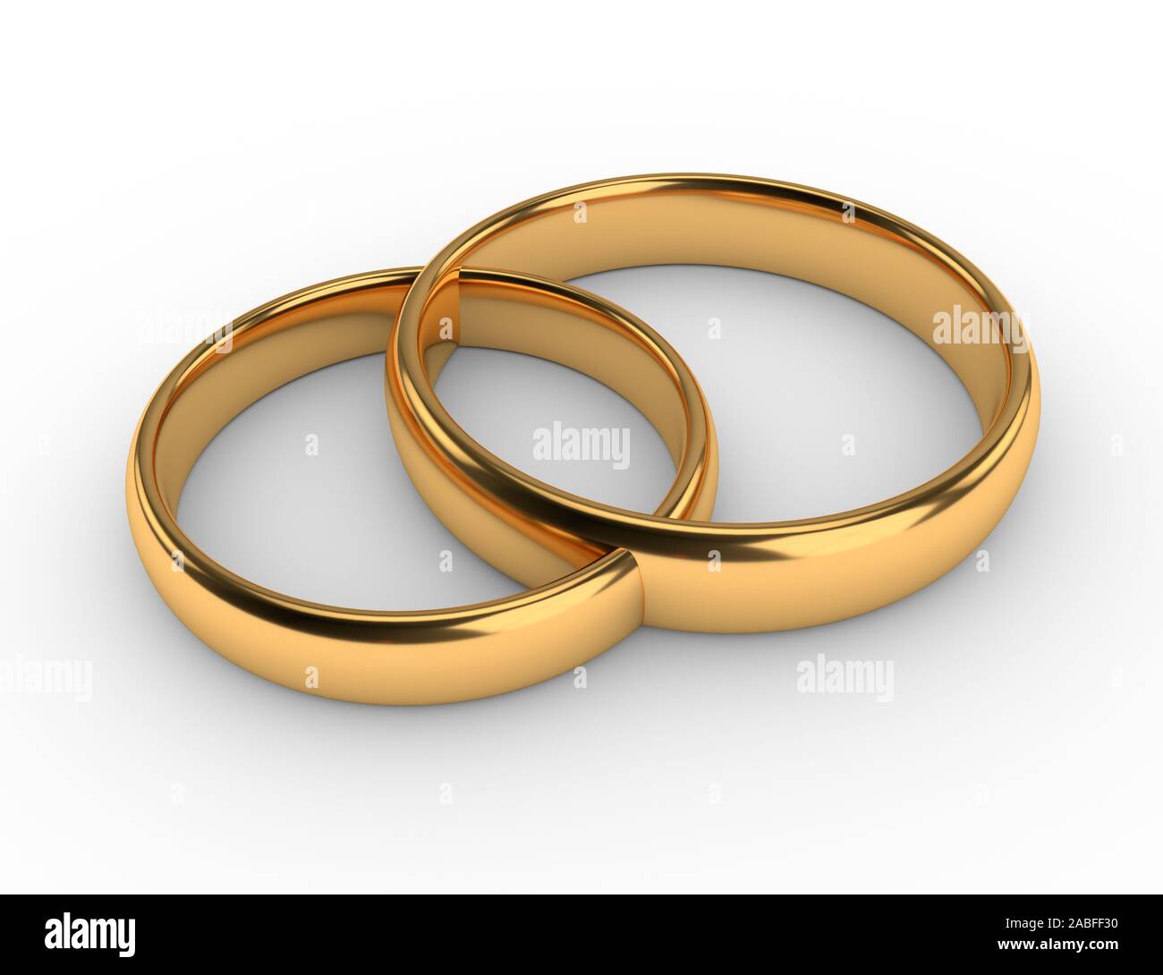 Illustration of two connected gold wedding rings. 3d render Stock Photo
