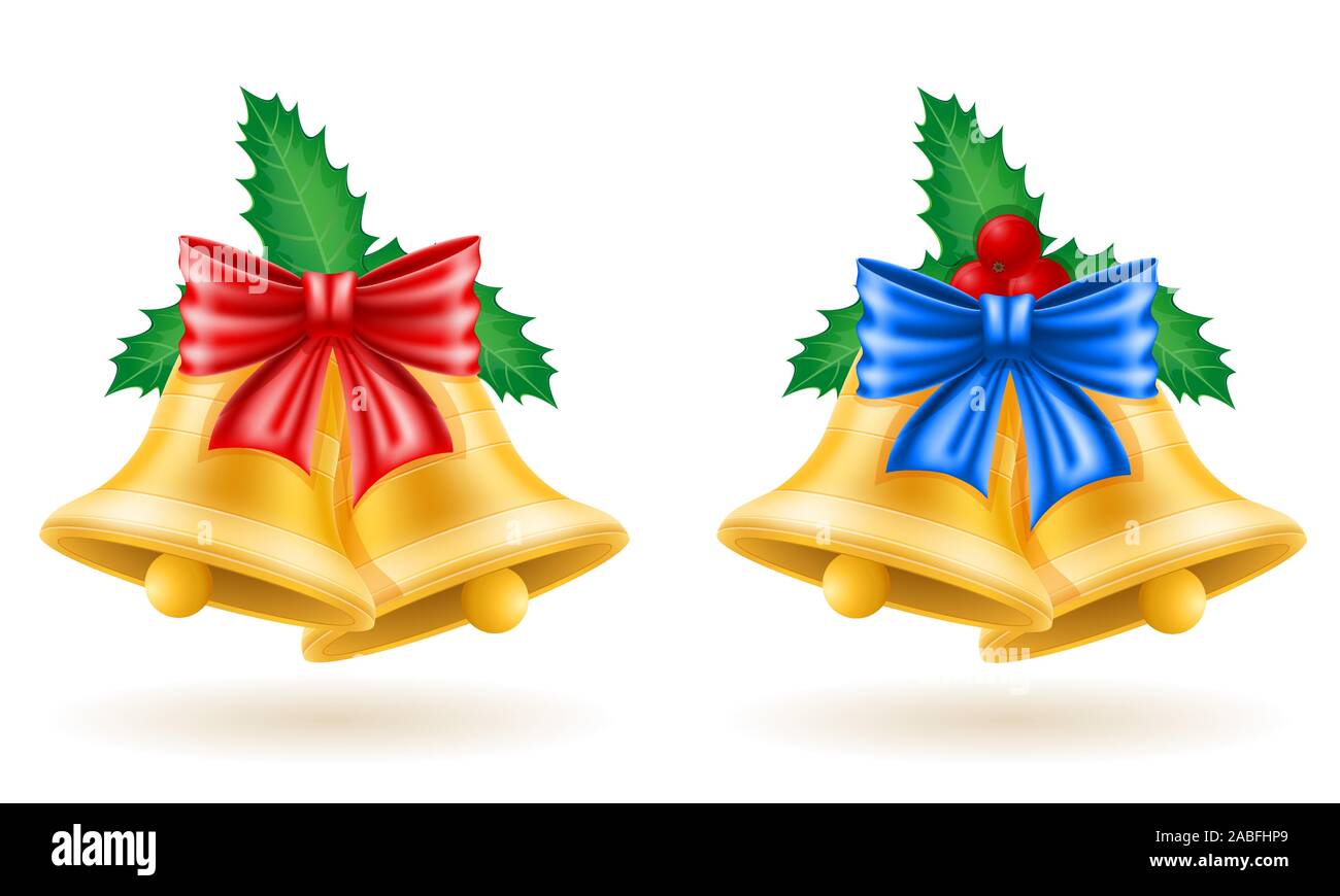 christmas gold bells with bow vector illustration isolated on white ...