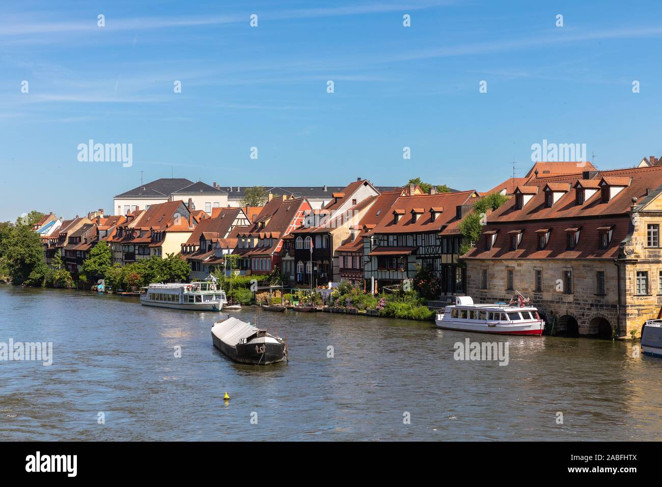 Beautiful view of the historical fishery Little Venice on the riverside of Regnitz on a sunny day in Bamberg, Upper Franconia area, Bavaria, Germany Stock Photo