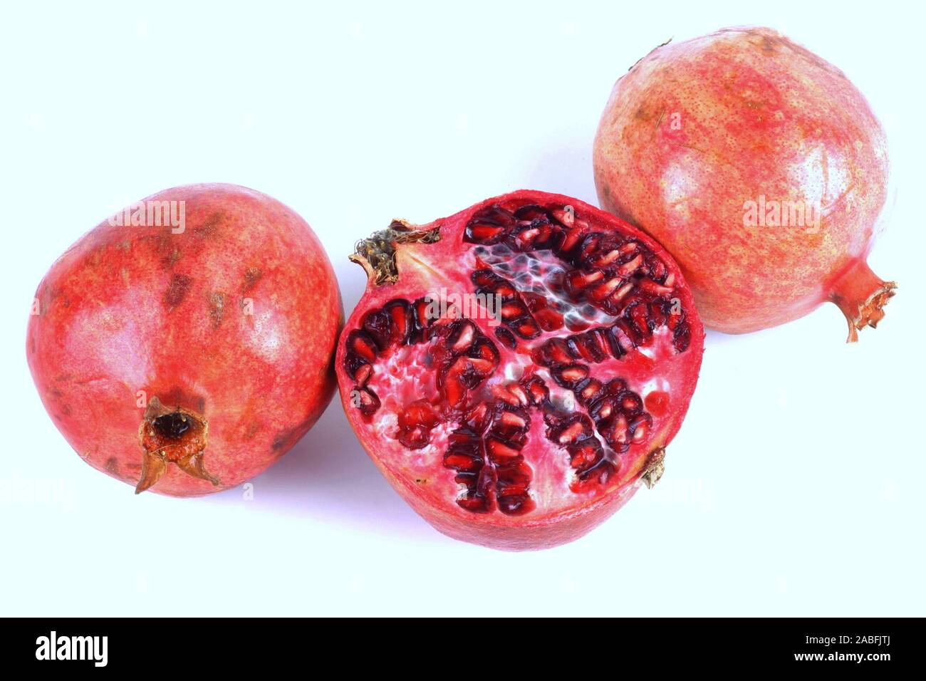 Granatapfel (Punica granatum), Verbreitung: Persien, eine Frucht halbiert, aufgeschnitten, Querschnitt. | pomegranate, anar (Punica granatum), distrib Stock Photo