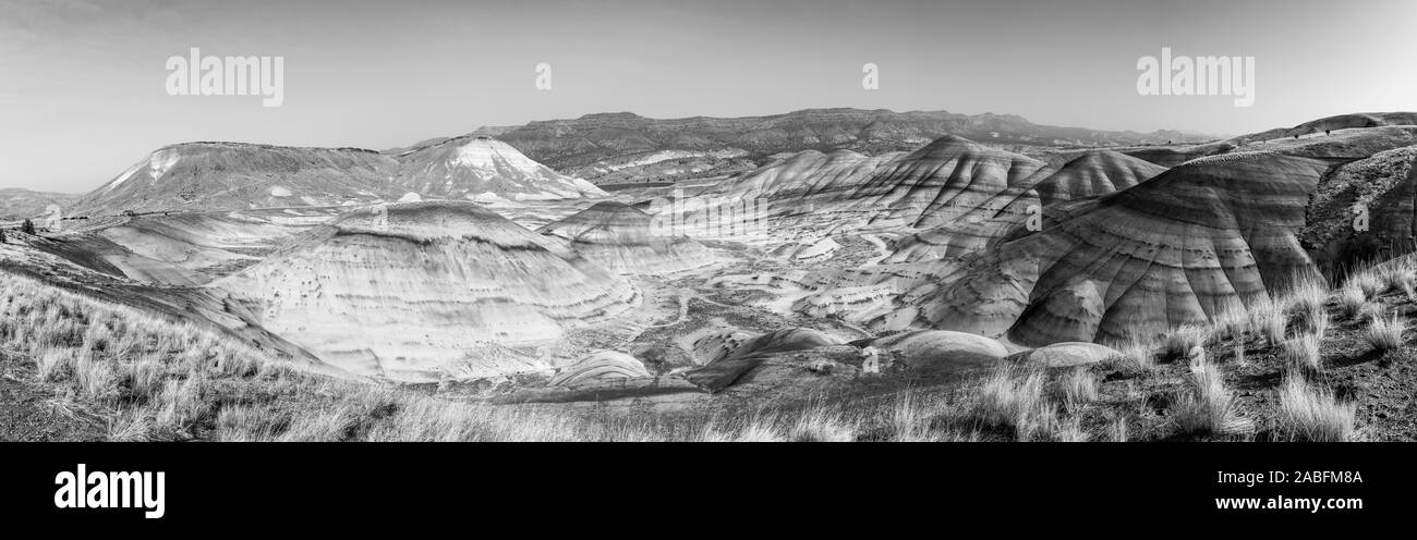 Panoramic black and white view from Painted Hills Overlook Stock Photo
