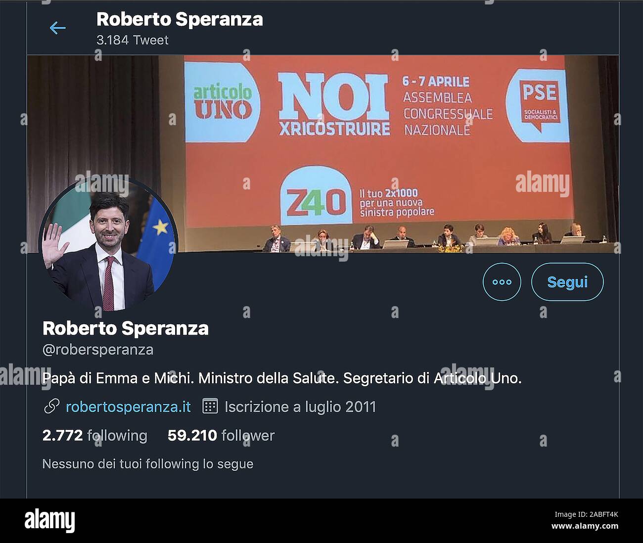 The screetshot of the twitter page of Roberto Speranza Italian politician,  health minister Stock Photo