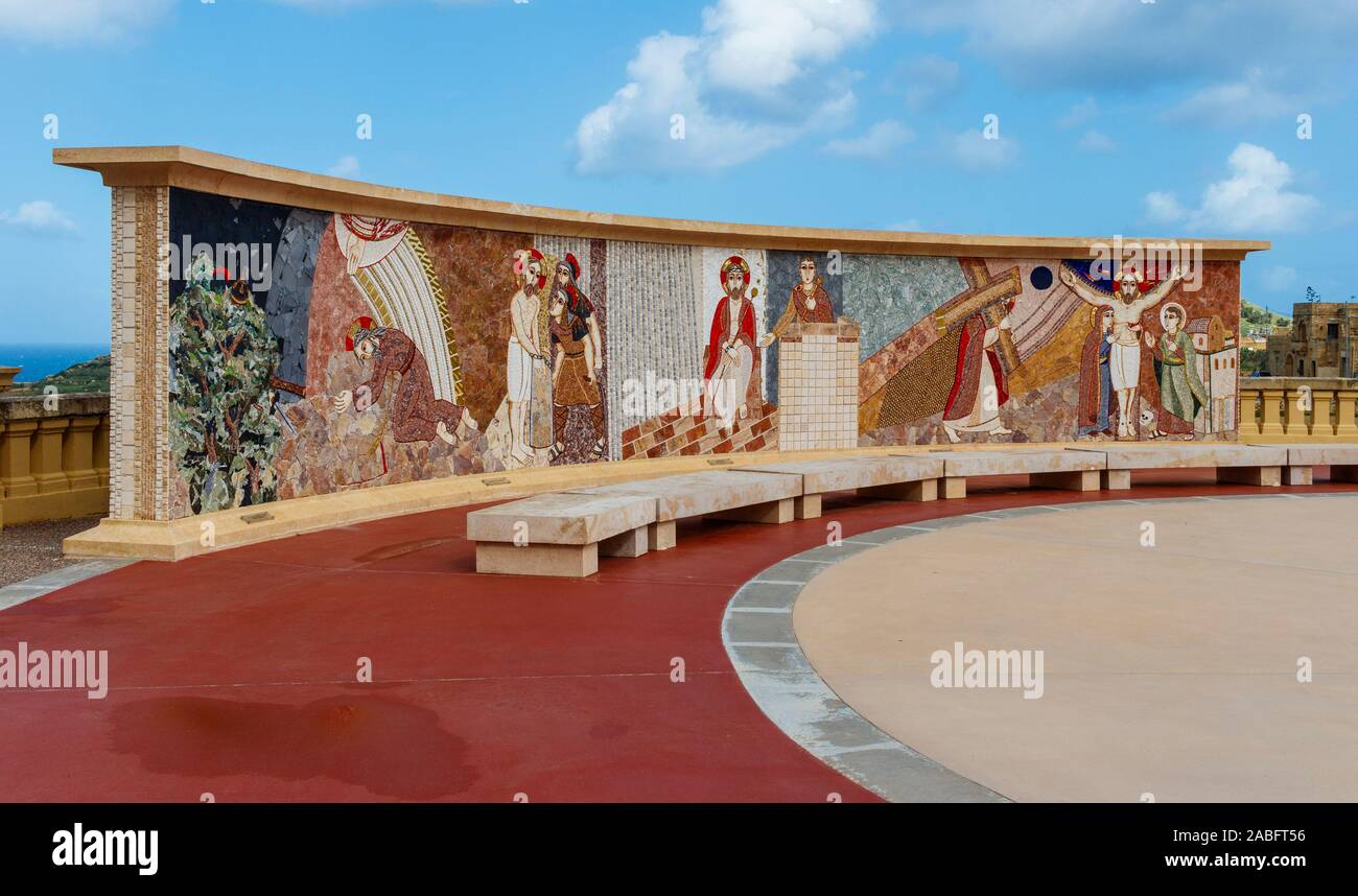 The mosaics of the Parvis Project at Ta’ Pinu Sanctuary in Gharb consists of 20 mysteries of the rosary by the Centro Aletti of Rome. Gozo, Malta. Stock Photo