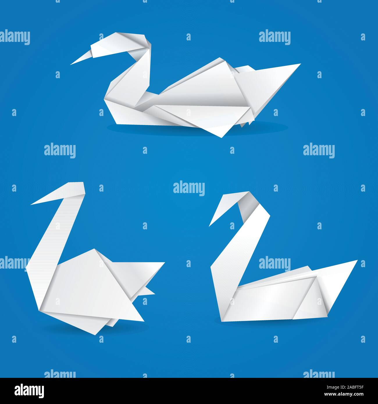 White folded paper swans on blue background. Stock Vector