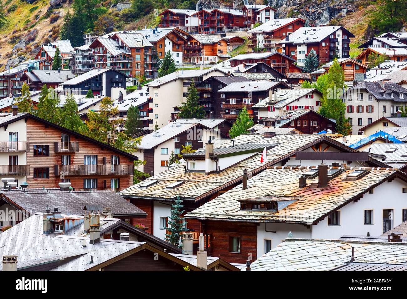 Zermatt, Switzerland town aerial view in famous swiss ski resort ...