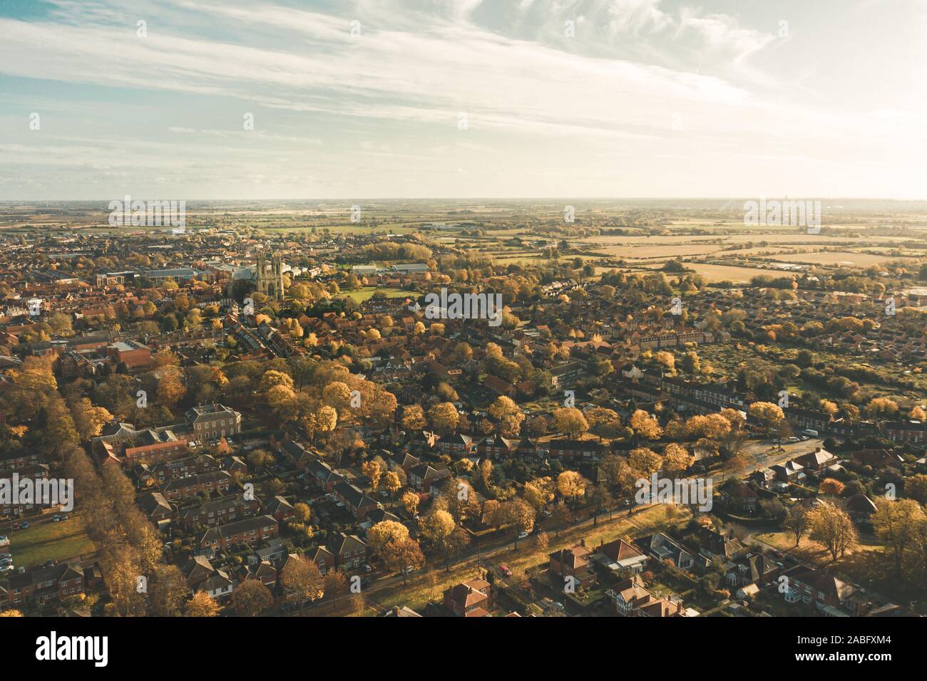Autumn aerial panoramic shot of Beverley town and Minster, East Yorkshire, UK Stock Photo