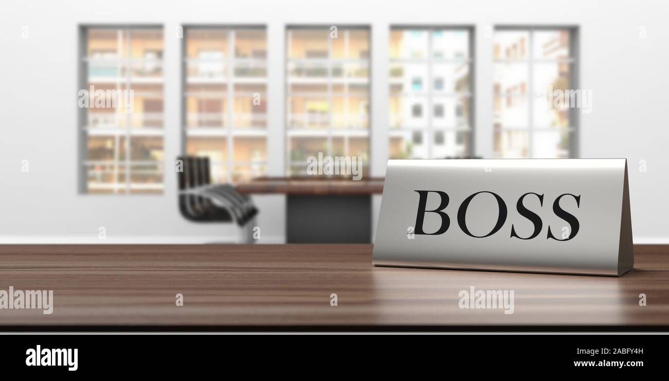 Boss text metal sign on a wooden business office desk. Blur meeting room  background. 3d illustration Stock Photo - Alamy