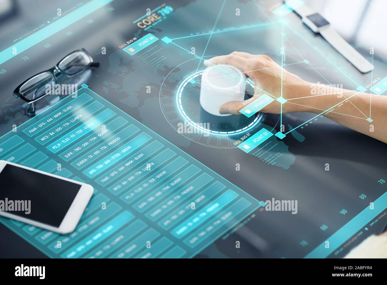 hand with control knob on interactive panel Stock Photo