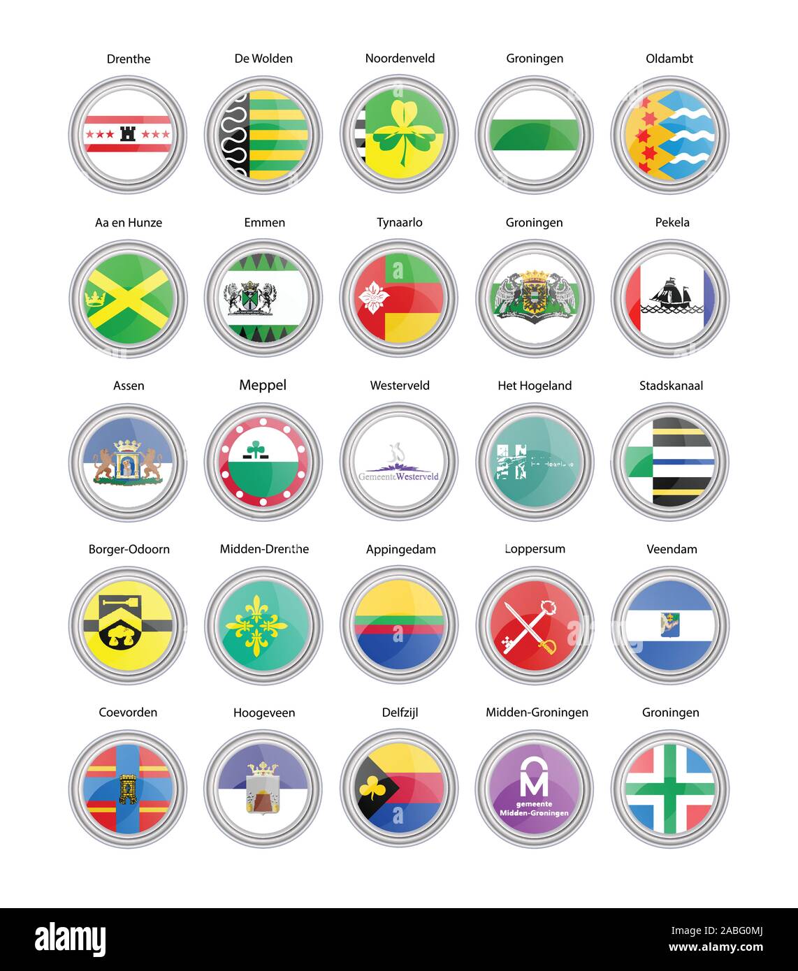Set of vector icons. Cities of Netherlands flags (Drenthe and Groningen provinces). Vector. Stock Vector