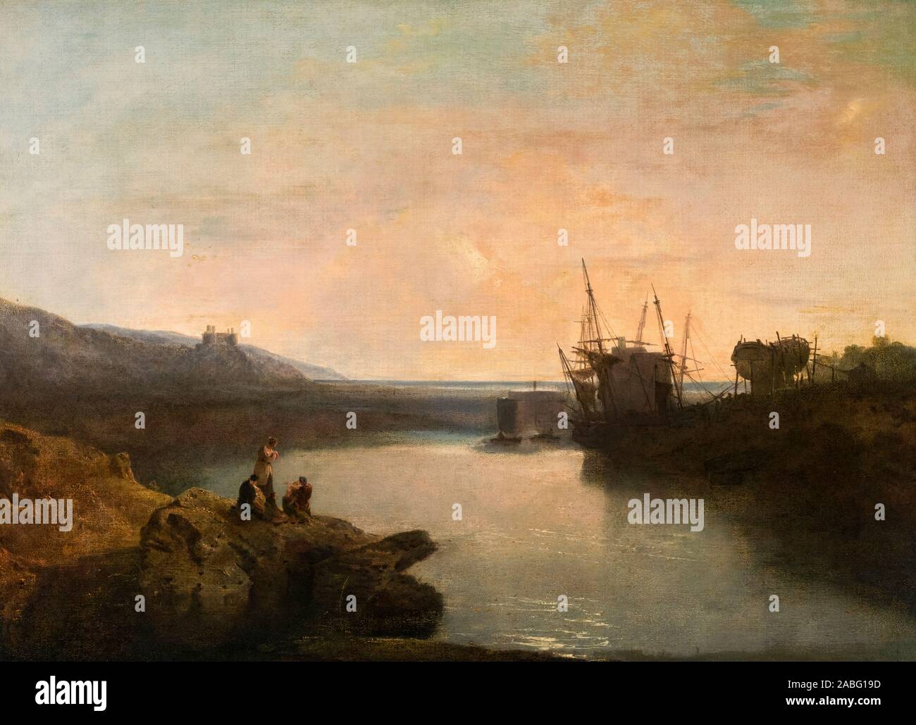 JMW Turner, Harlech Castle from Twgwyn Ferry, Summer's Evening Twilight, landscape painting, 1799 Stock Photo
