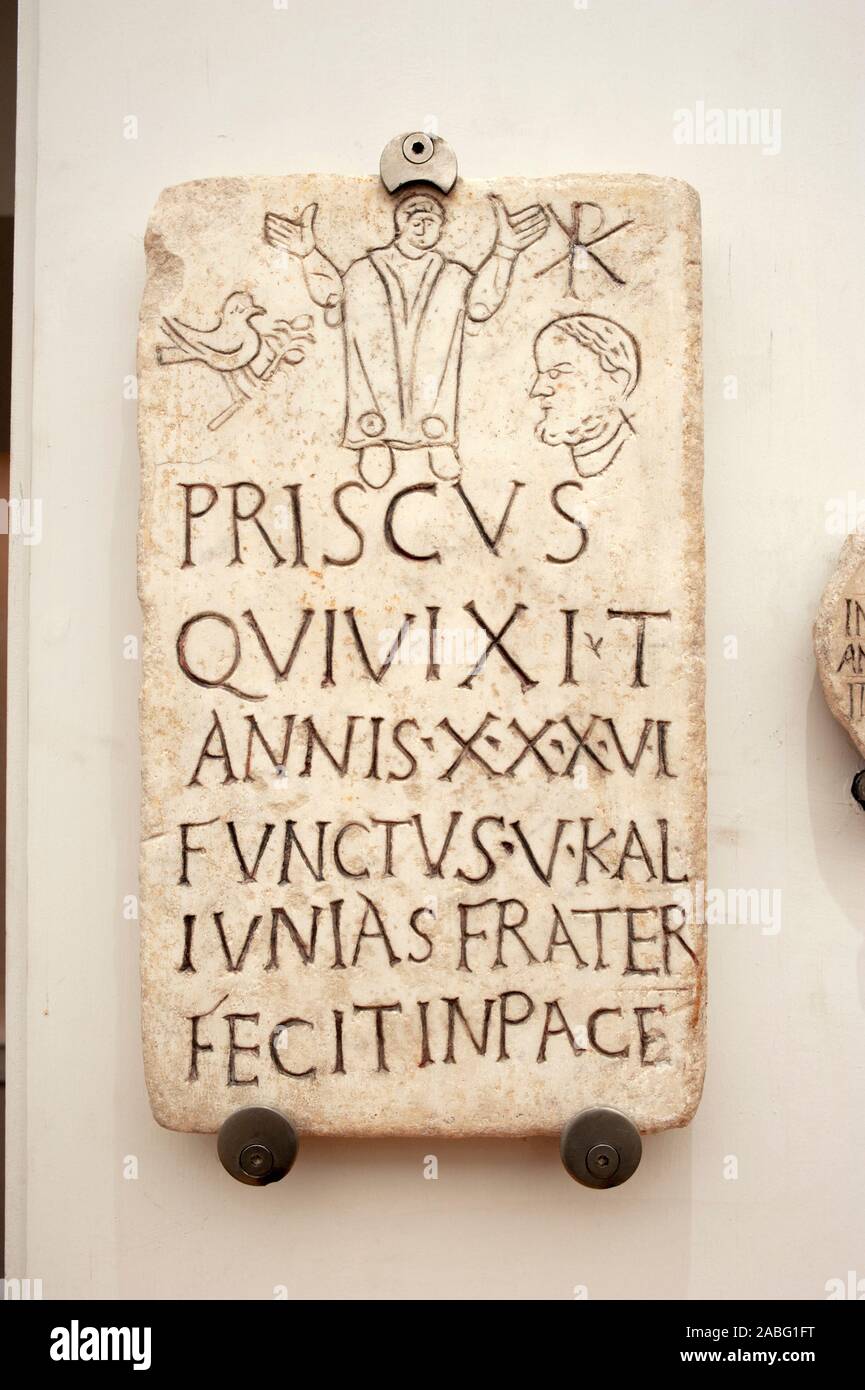 Italy, Rome, Diocletian Baths, Museo Nazionale Romano, National Roman Museum, ancient roman inscription of the christian Priscus (4th century AD) Stock Photo