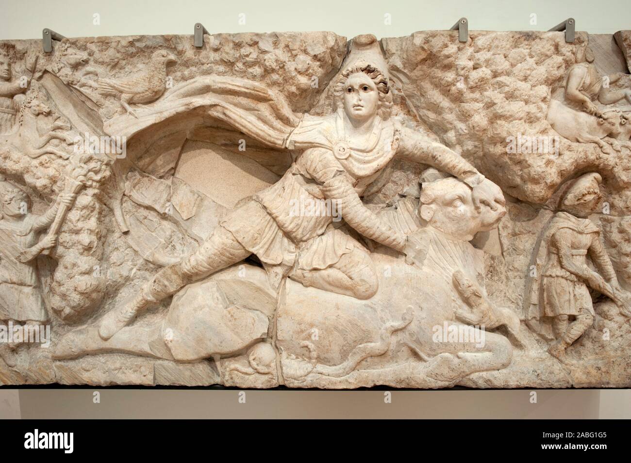Italy, Rome, Terme di Diocleziano, Diocletian Baths, Museo Nazionale Romano, National Roman Museum, marble bas relief of Mithras (2nd-3rd century AD) Stock Photo