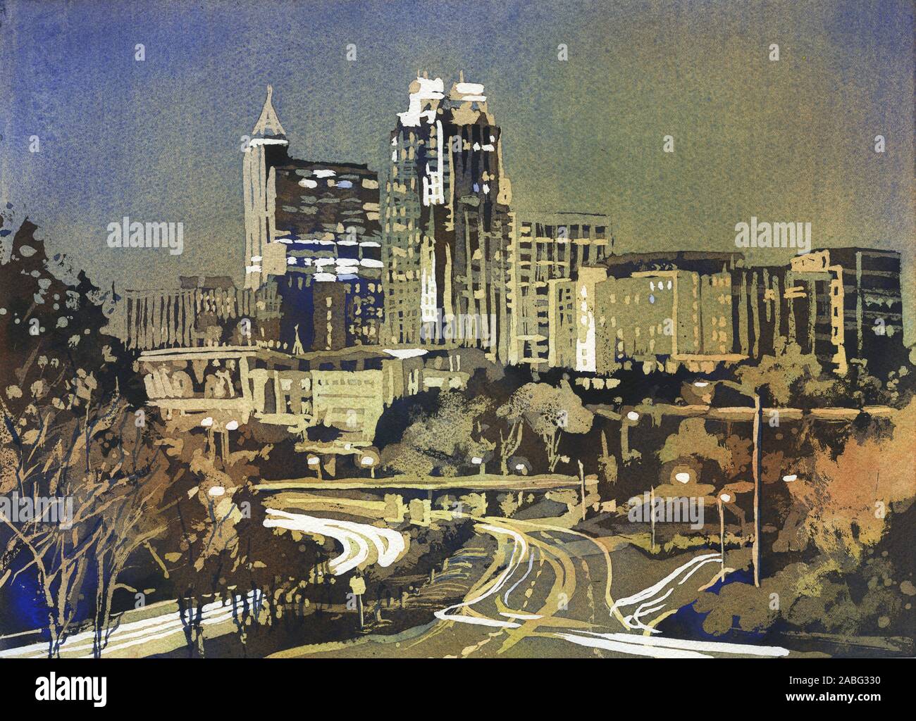 Watercolor painting of skyline of downtown Raleigh, NC at sunrise.  Watercolor painting Raleigh Stock Photo