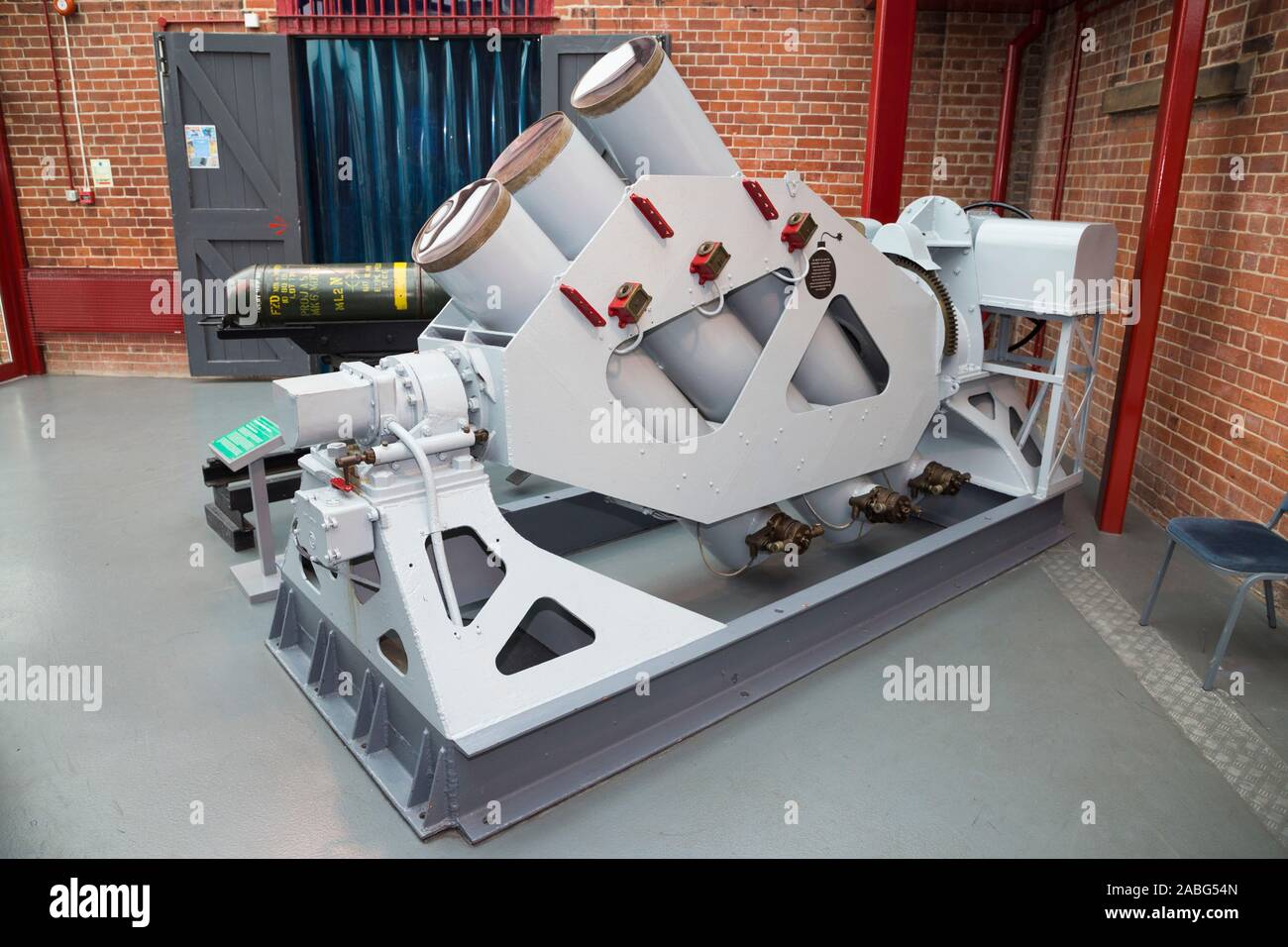 Squid mortar system which fired a series of projectile depth charges, in use at the end of World War II, and then post war, on display at the Explosion Museum of Naval Firepower; the Royal Navy's former armaments depot of Priddy's Hard, in Gosport. UK (105) Stock Photo