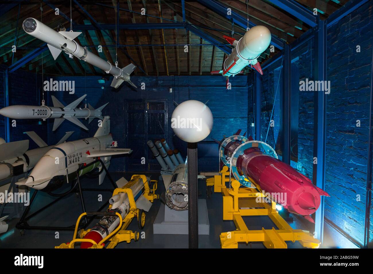 Arrangement display exhibition of vintage missiles at the Explosion Museum of Naval Firepower; the Royal Navy's former armaments depot of Priddy's Hard, in Gosport. UK (105) Stock Photo