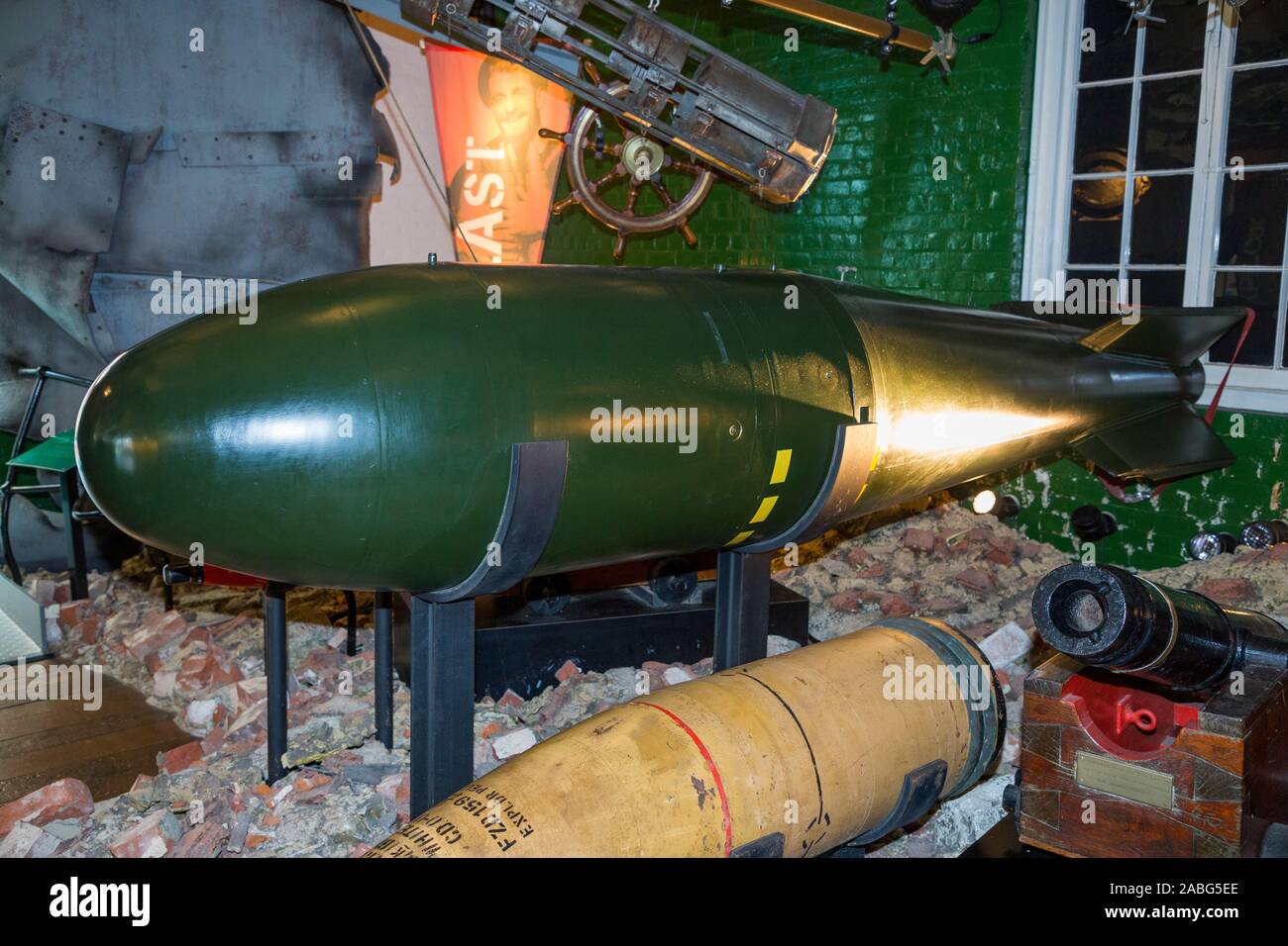 British Red Beard atomic bomb nuclear weapon (green and large) at the Explosion Museum of Naval Firepower; the Royal Navy's former armaments depot of Priddy's Hard, in in Gosport, near Portsmouth. UK (105) Stock Photo
