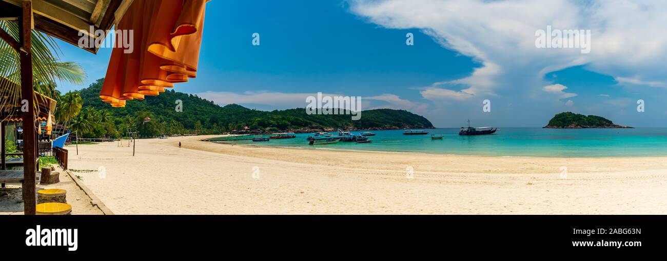 Redang Islands, Malaysia; May-2019; wooden shade in the white sand beach, Redang Island, Malaysia Stock Photo