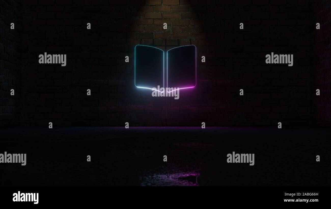 3D rendering of blue violet neon symbol of book open on dark brick wall ...
