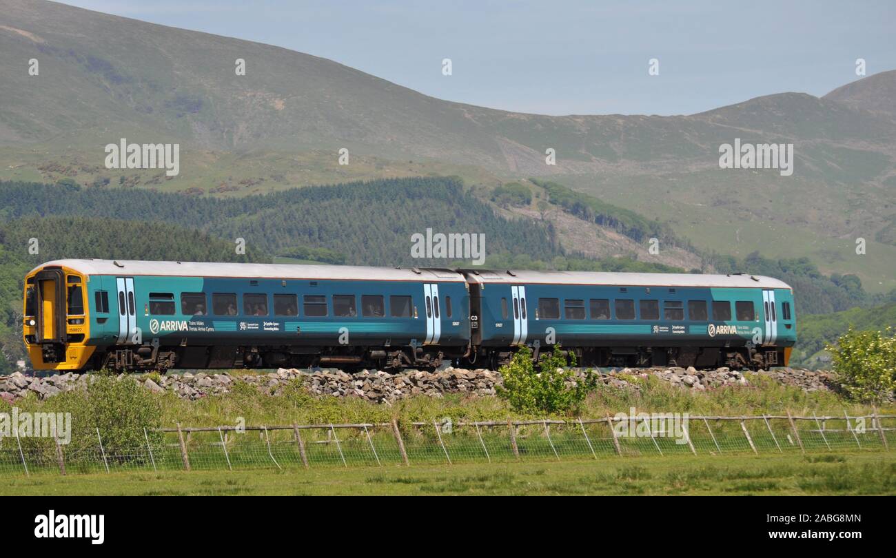 Borth Ceredigion/UK June 7 2013 : The now defunct DMU [Diesel Multiple Unit] Arriva Trains Wales traveling through the Mid Wales countryside. Stock Photo