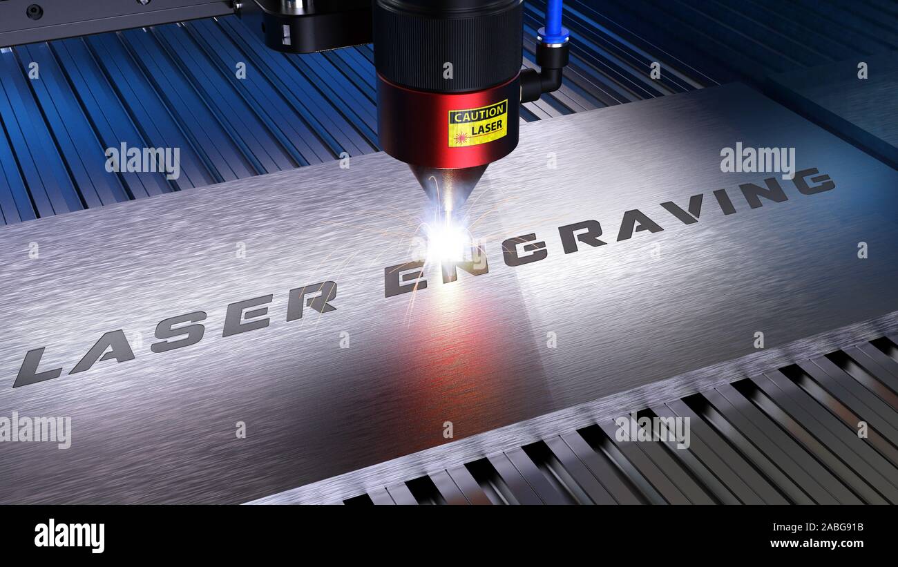 Metal machining with sparks on CNC laser engraving maching. 3D rendering Stock Photo