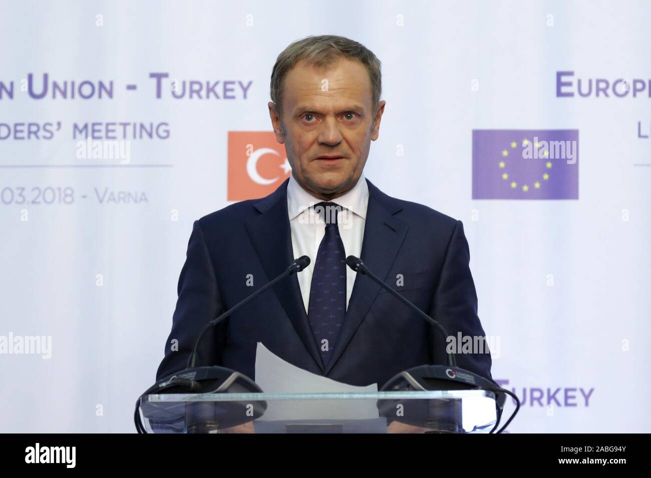Varna, Bulgaria - March 26, 2018: European Council President Donald Tusk attends a news conference at Euxinograd residence. Stock Photo